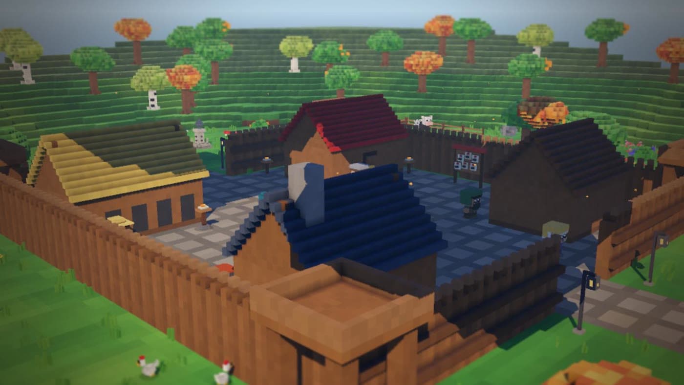 Holdlight : un château en voxels au crépuscule.